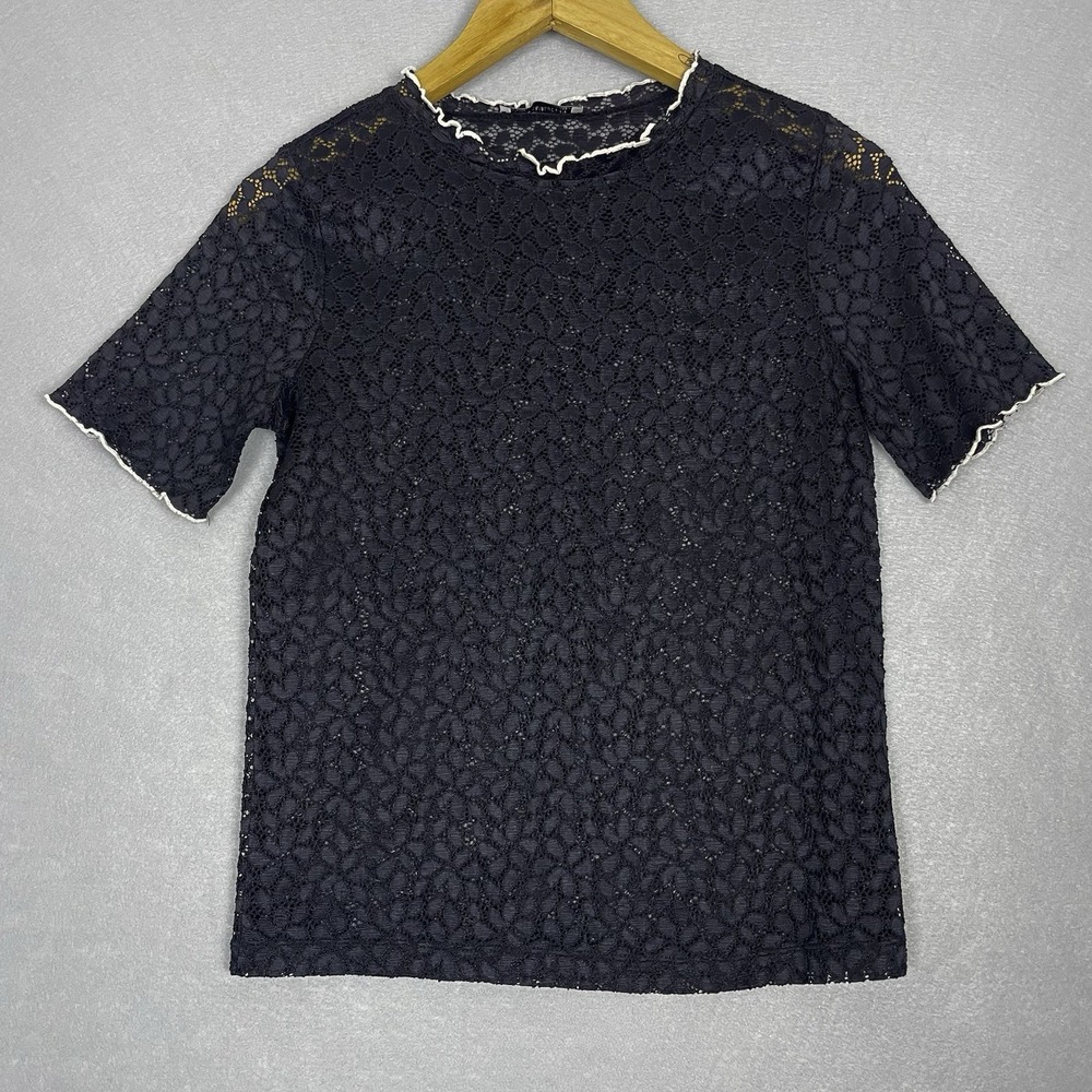 Black Lace Top with White‎ Trim Short Sleeve Elegant Blouse